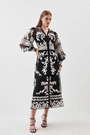 Baroque Applique Woven Midi Dress black