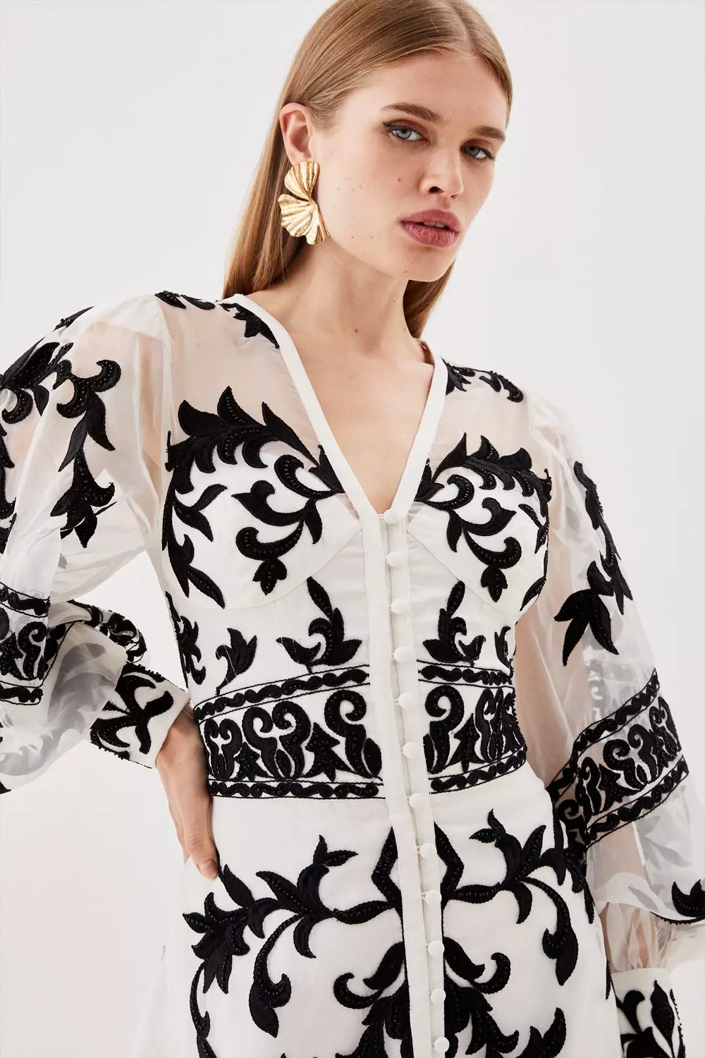Ivory Baroque Applique Woven Midi Dress alternative image