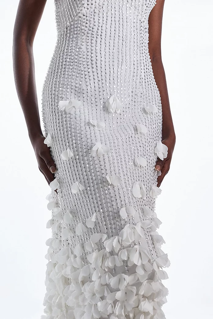 Ivory Floral Appliques Strappy Mid Length Dress Ivory Floral Appliques Strappy Mid Length Dress