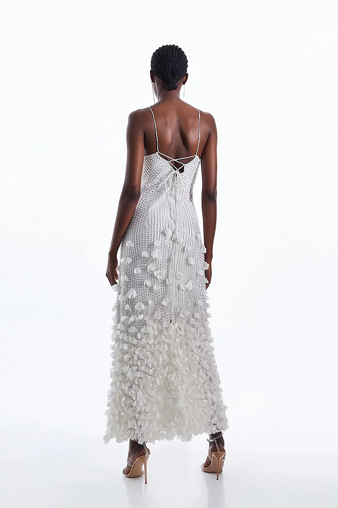 Ivory Floral Appliques Strappy Mid Length Dress Ivory Floral Appliques Strappy Mid Length Dress