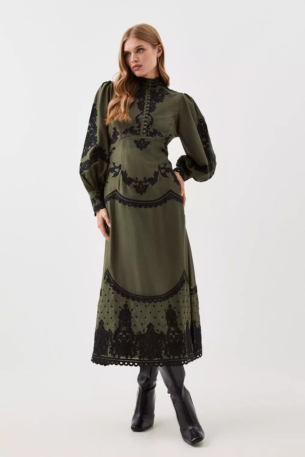 Khaki Lydia Millen Petite Cotton Cutwork Embroidered Woven Maxi Dress alternative image