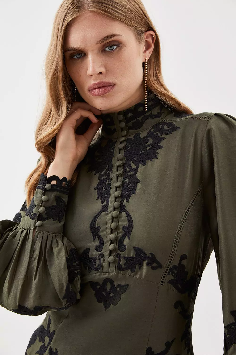 Khaki Lydia Millen Petite Cotton Cutwork Embroidered Woven Maxi Dress alternative image