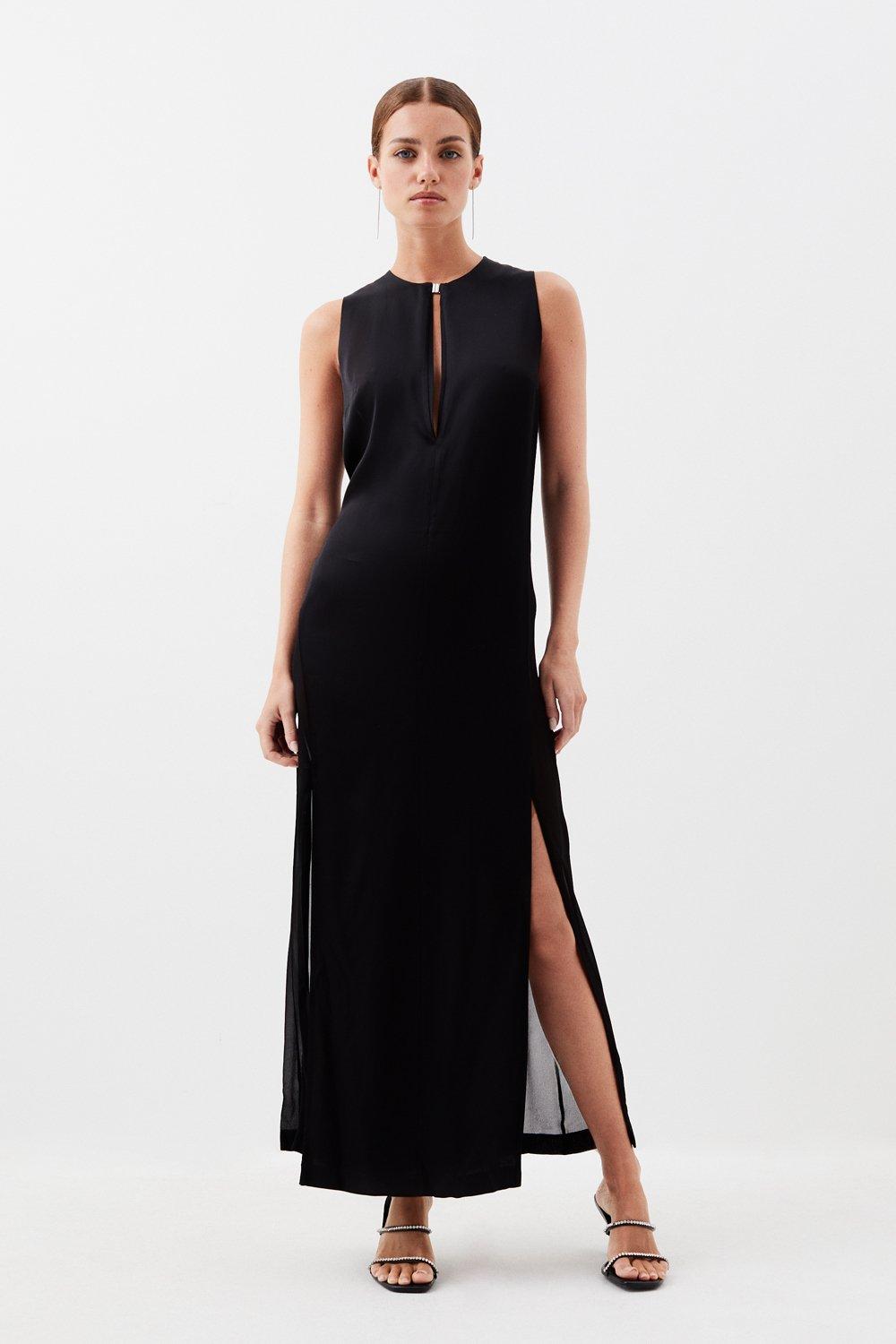 Petite Premium Sheer Detailed Satin Column Maxi Dress | Karen Millen