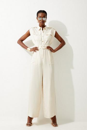 Premium Linen Topstitch Belted Jumpsuit stone