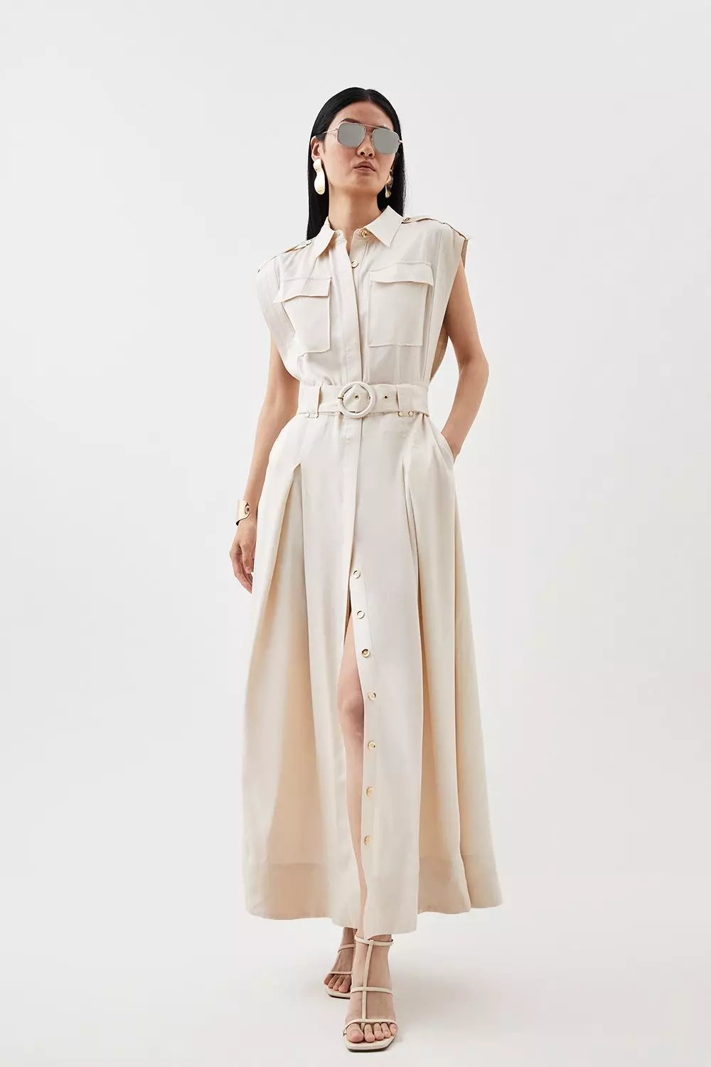 Premium Linen Belted Maxi Shirt Dress Karen Millen