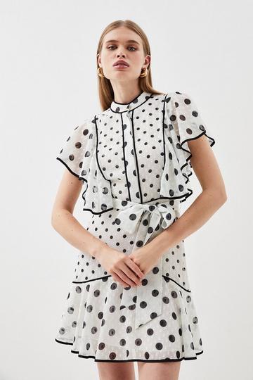 White Mixed Dot Ruffle Georgette Mini Dress