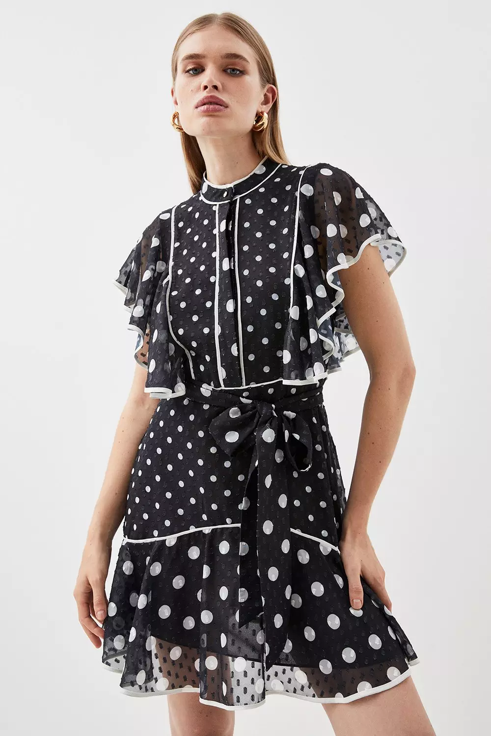 Mixed Dot Ruffle Georgette Mini Dress Karen Millen