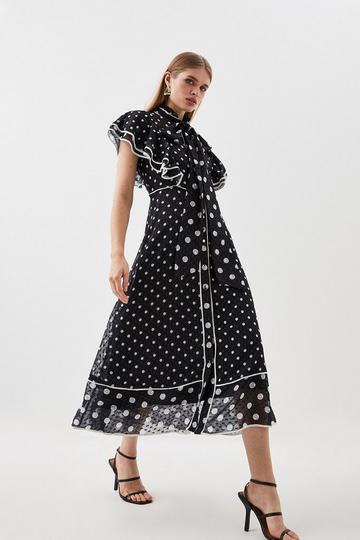 Black Mixed Dot Ruffle Georgette Midi Dress