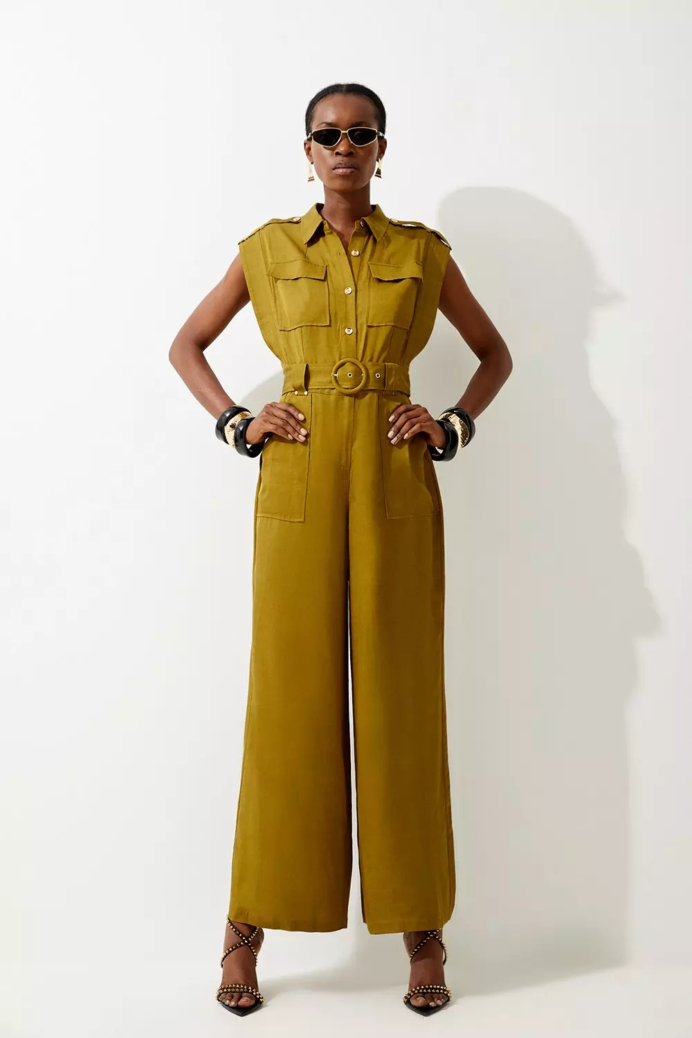 Tall Premium Linen Topstitch Belted Jumpsuit Karen Millen