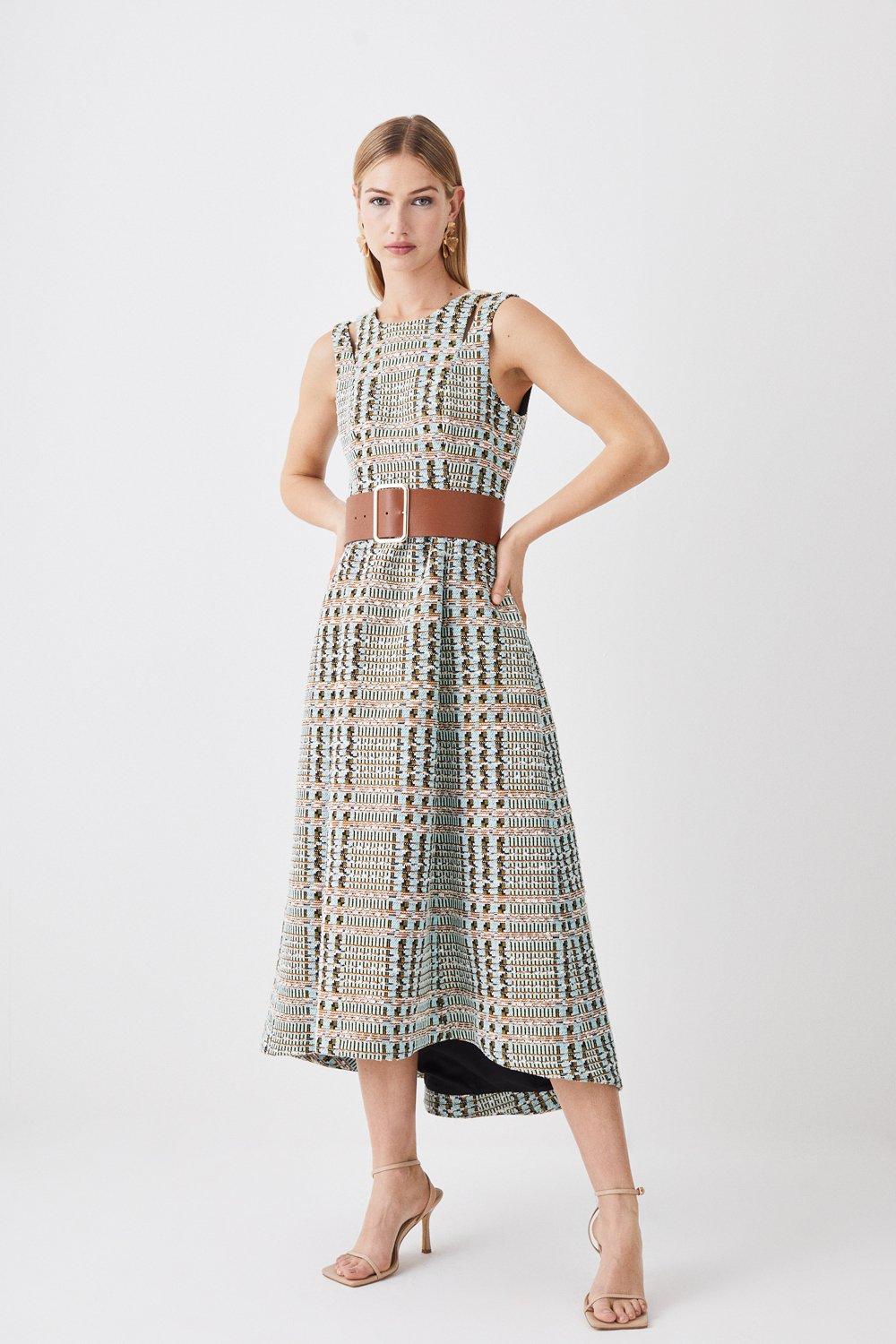 French Cotton Tweed Seam Detail Belted Midaxi Dress | Karen Millen