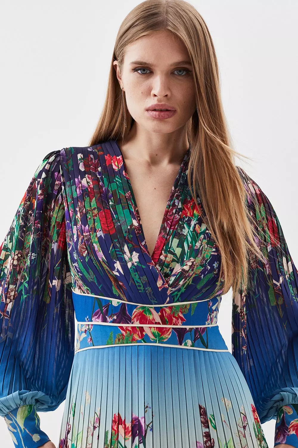 Pleat Detail Floral Long Sleeve Mini Dress | Karen Millen