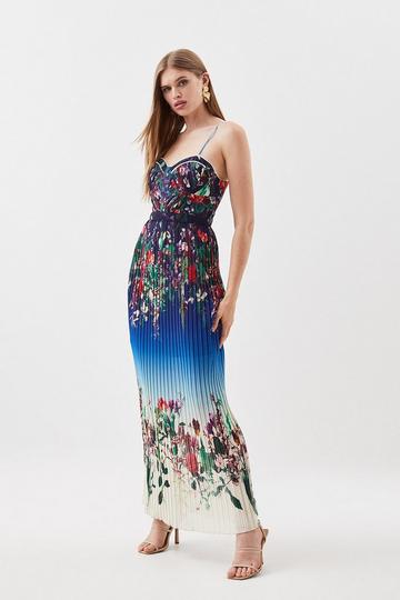 Tall Pleat Detail Floral Strappy Woven Midi Dress blue