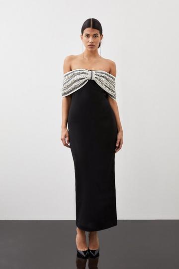 Crystal Embellished Bow Detailed Woven Maxi Dress black