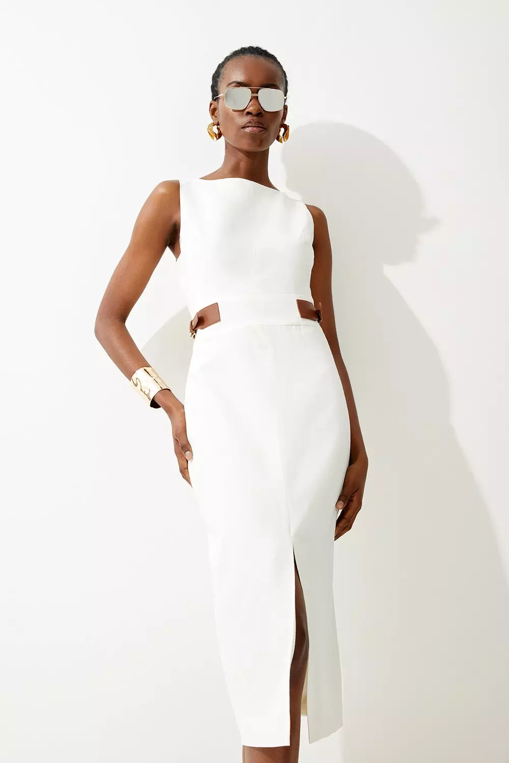 Premium Linen Buckle Detail Split Front Tailored Midi Dress