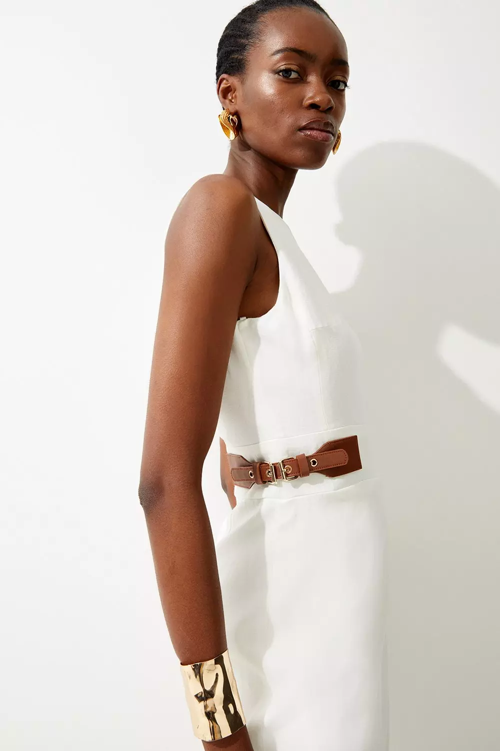 【KAREN MILLEN】テイラード リネン プリーツディテール ドレス Premium Linen Buckle Detail Split Front Tailored Midi Dress