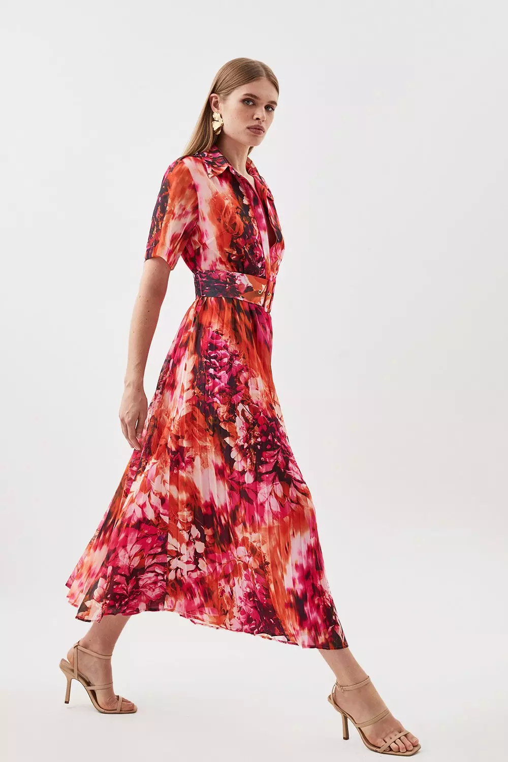 Floral Georgette Pleated Midi Shirt Dress Karen Millen