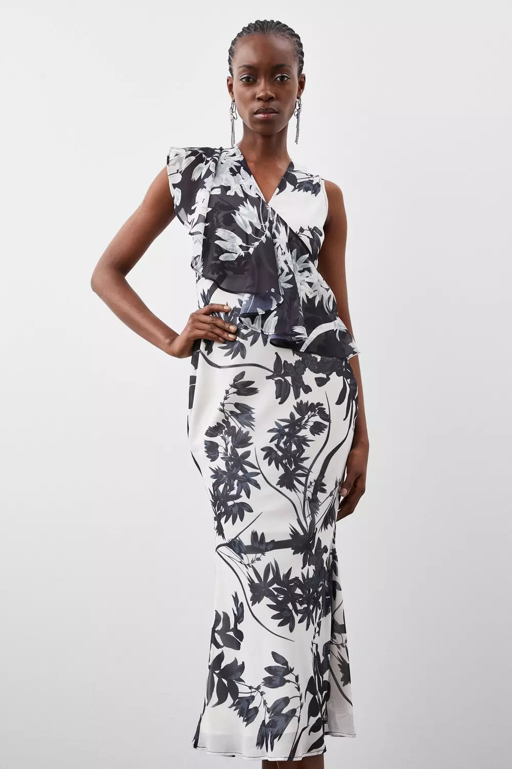 【KAREN MILLEN】ボイルミラーフローラル織りバルドードレス KAREN MILLEN Petite Voile Mirrored Batik Belted Bardot