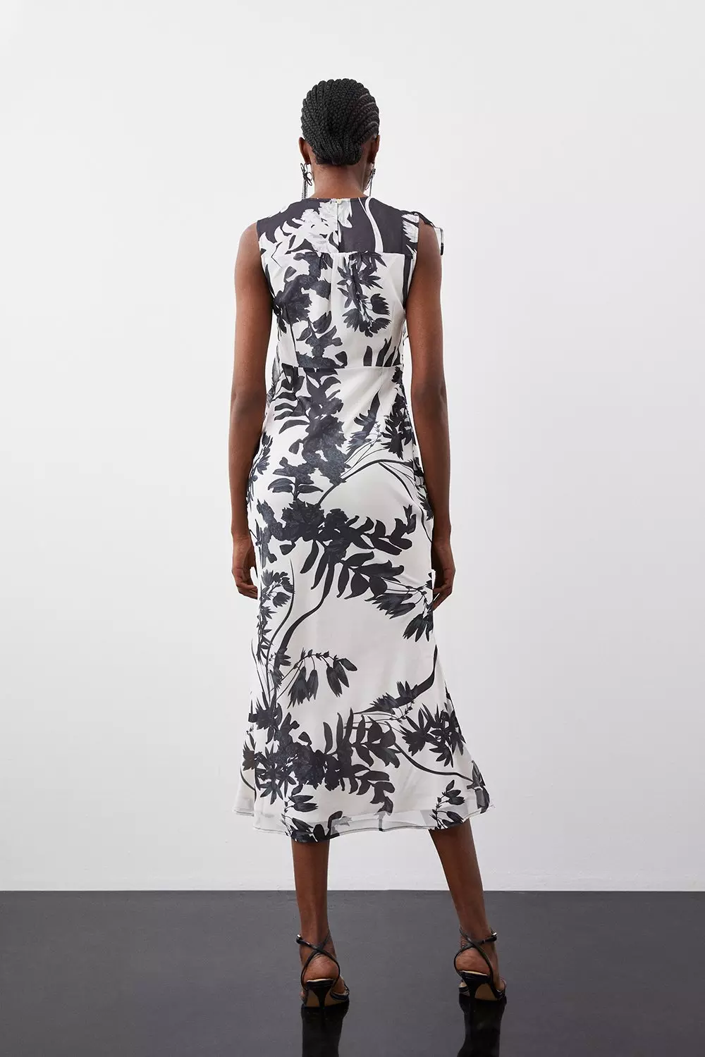 Mono Floral Georgette Ruffle Front Midi Dress | Karen Millen