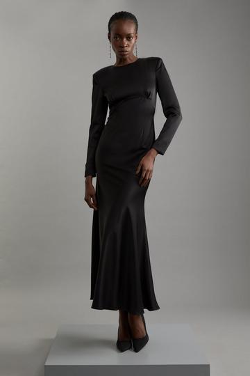 Black Satin Back Crepe Long Sleeved Column Woven Midaxi Dress