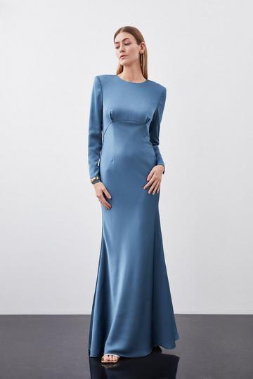 Satin Back Crepe Long Sleeved Column Woven Midaxi Dress mid blue