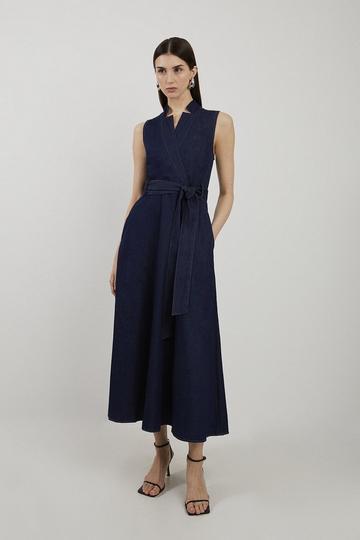 Denim Tailored Notch Neck Belted Fluid Midi Dress indigo
