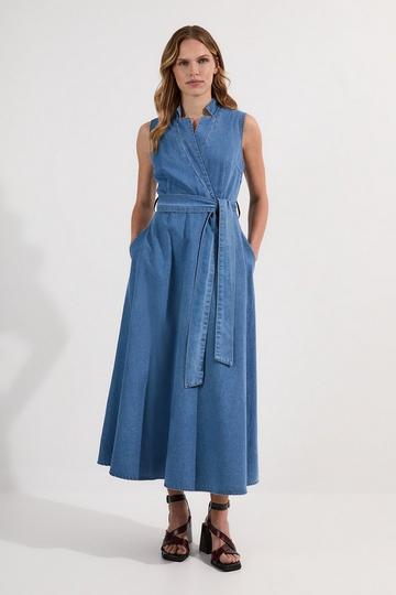 Blue Denim Tailored Notch Neck Belted Fluid Midi Dress