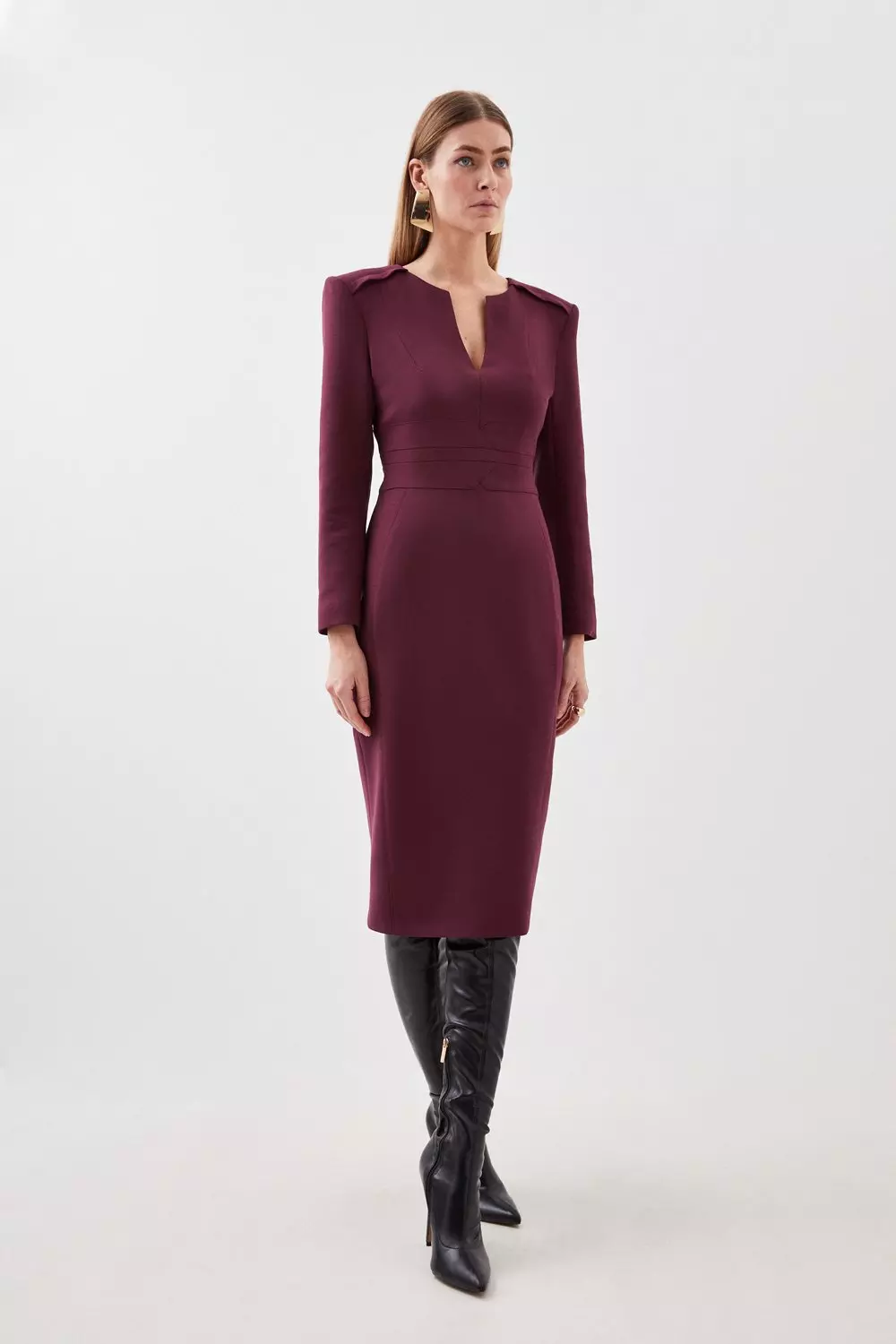 Compact Stretch Waist Detail Tailored Midi Dress Karen Millen