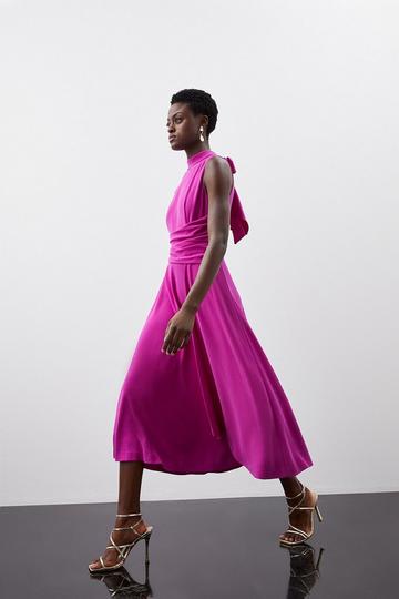 Premium Crepe Tie Halter Drape Midi Dress magenta