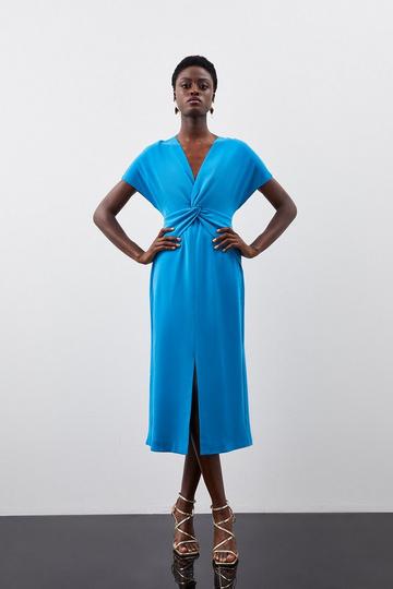 Premium Crepe Twist Waist Detail Cap Sleeve Midi Dress blue