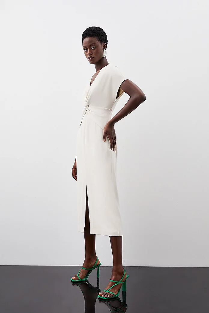 Premium Crepe Twist Waist Detail Cap Sleeve Midi Dress Premium Crepe Twist Waist Detail Cap Sleeve Midi Dress