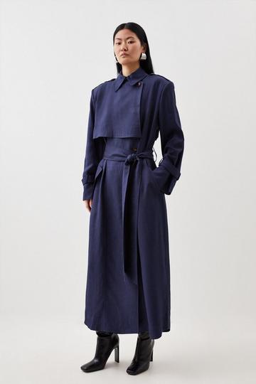 Navy Premium Utility Linen Strong Shoulder Maxi Trench
