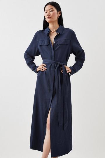 Premium Utility Linen Woven Midi Shirt Dress navy