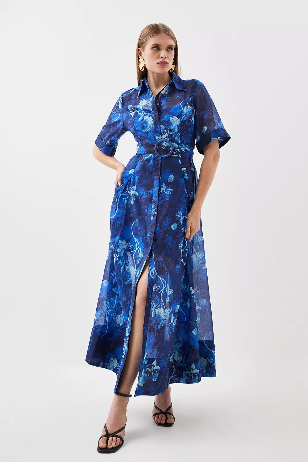 KAREN MILLEN* フローラル オーガンジーミディシャツドレス bkk12686_blue_xl?$