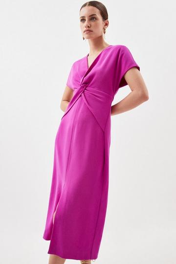 Petite Crepe Twist Waist Detail Cap Sleeve Midi Dress magenta