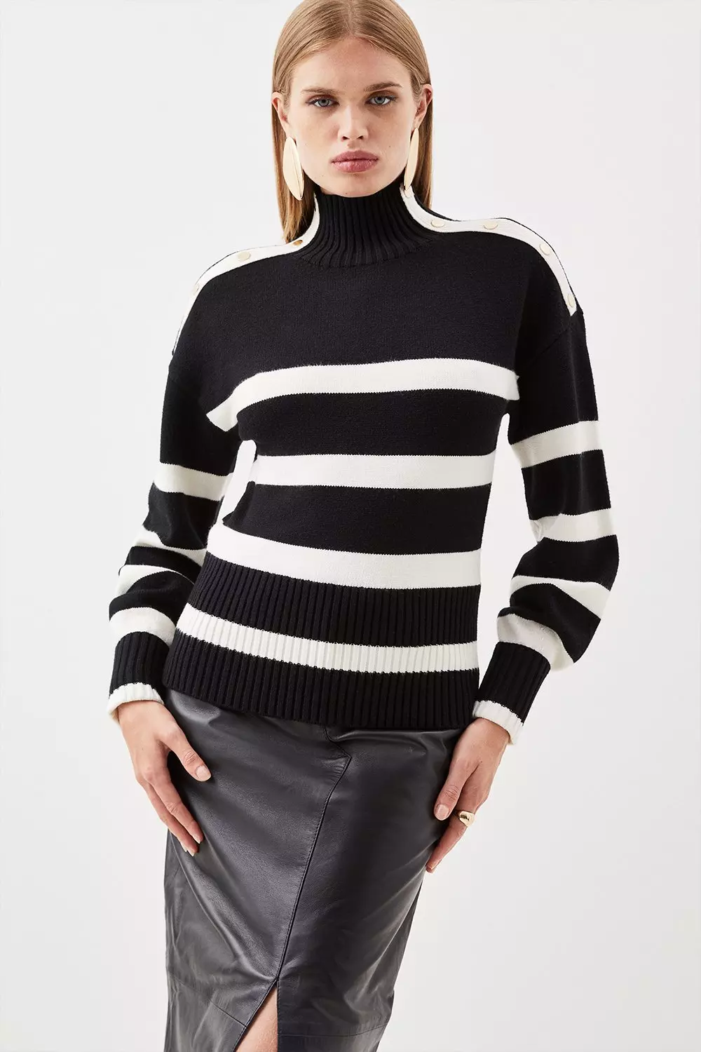 Mono Striped Viscose Blend Knit Popper Detail Jumper  alternative image