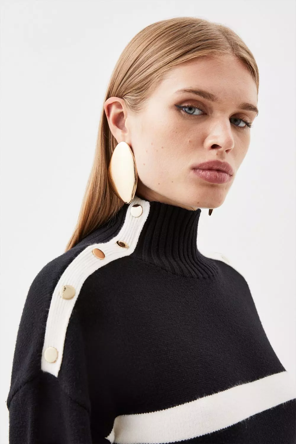 Mono Striped Viscose Blend Knit Popper Detail Jumper  alternative image