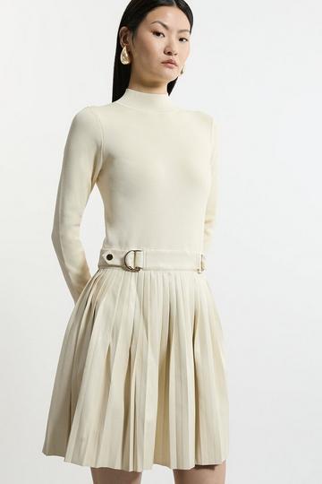 Knitted Skater Dress With Pu Detailing cream