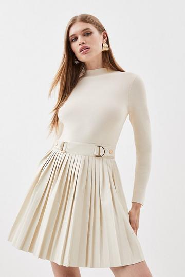 Knitted Skater Dress With Pu Detailing ivory