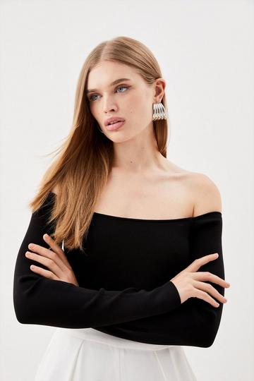 Premium Viscose Blend Body Contouring Bardot Knit Thong Bodysuit black