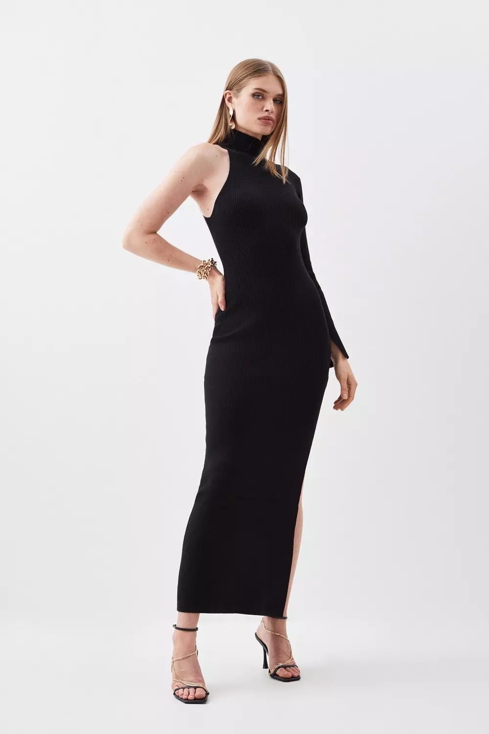 Viscose Blend Rib Knit One Sleeve Maxi Dress | Karen Millen