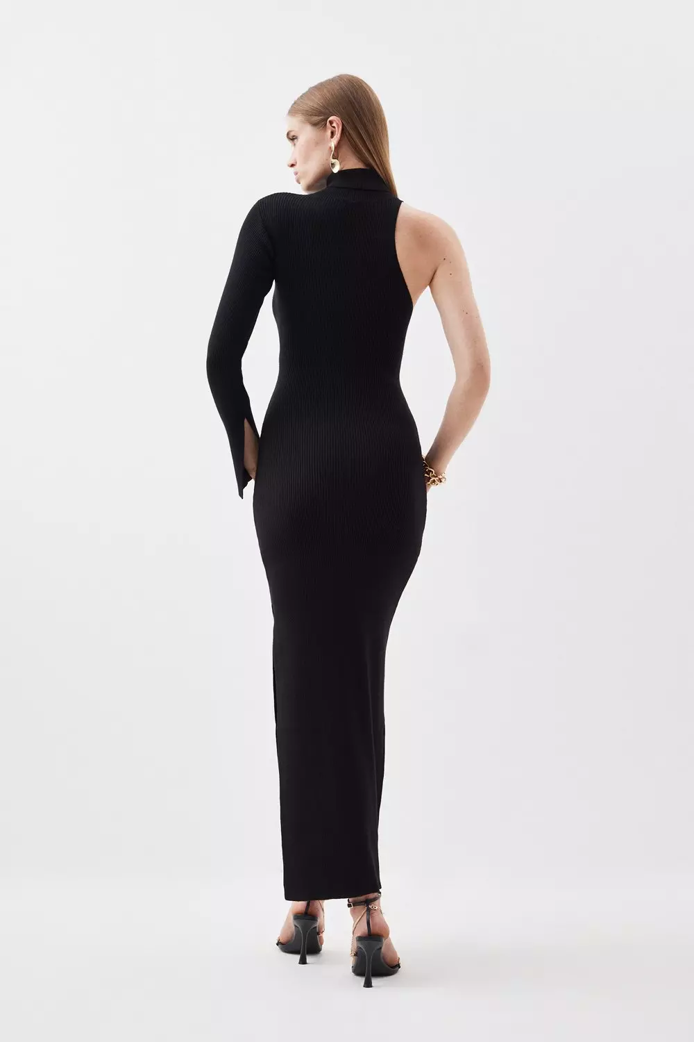 Karen Millen★バンテージ ニットジップシフォン袖ワンピース Viscose Blend Rib Knit One Sleeve Maxi Dress | Karen Millen