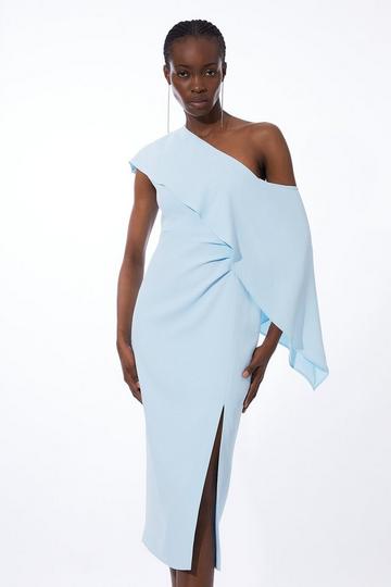 Compact Stretch Viscose Tailored One Shoulder Drape Detail Midi Dress sky blue