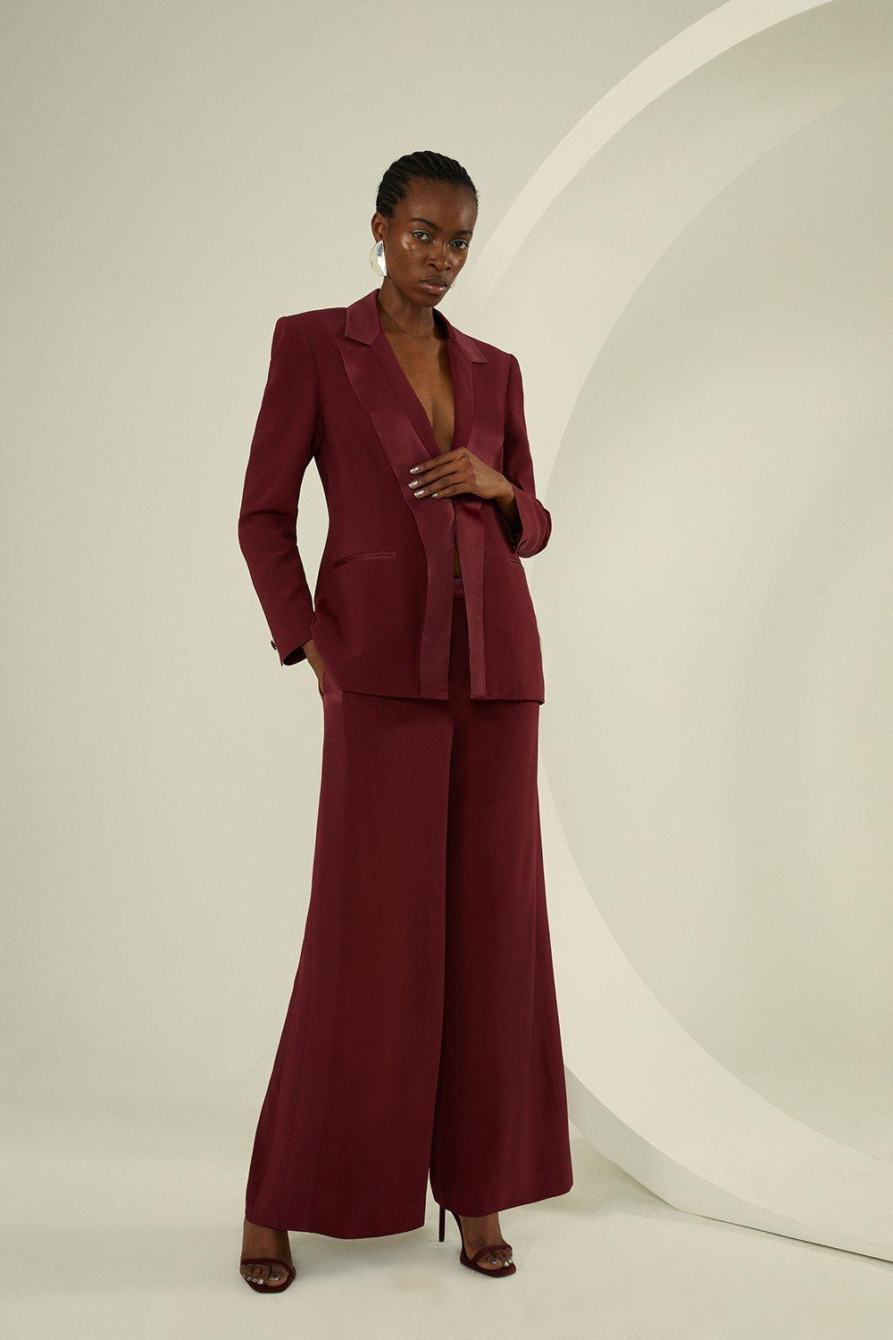 Berry Viscose Satin Back Crepe Tailored Wide Leg Trousers