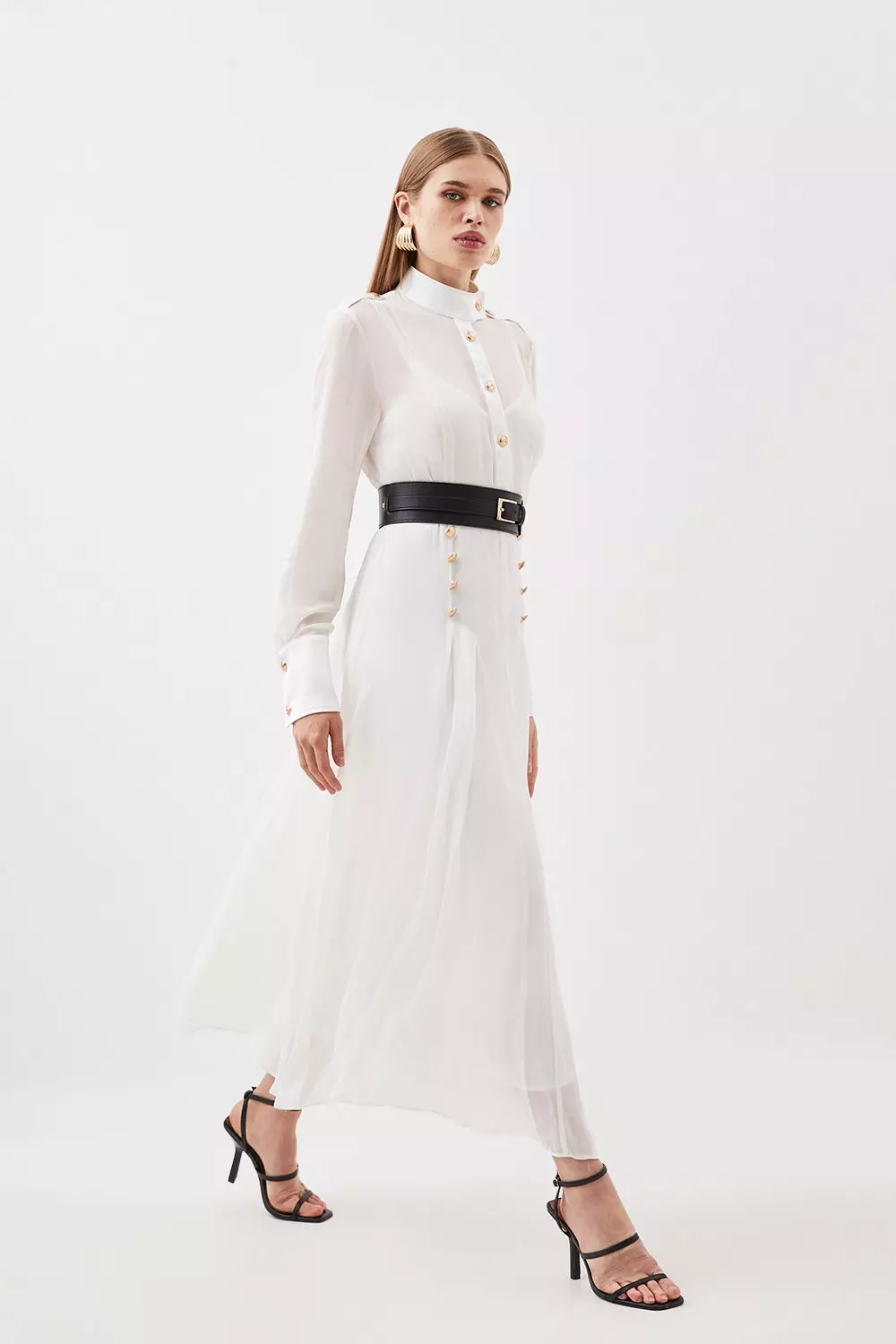 【KAREN MILLEN】Petite Military Belted Sheer Midi Dress KAREN MILLEN Petite Military Belted Sheer Woven Midi Dress