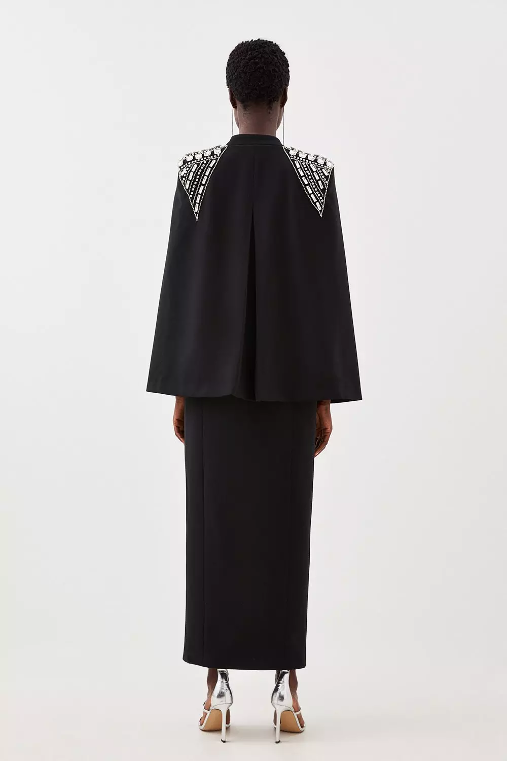 Petite Embellished Caddy Plunge Cape Sleeve Woven Midi Dress