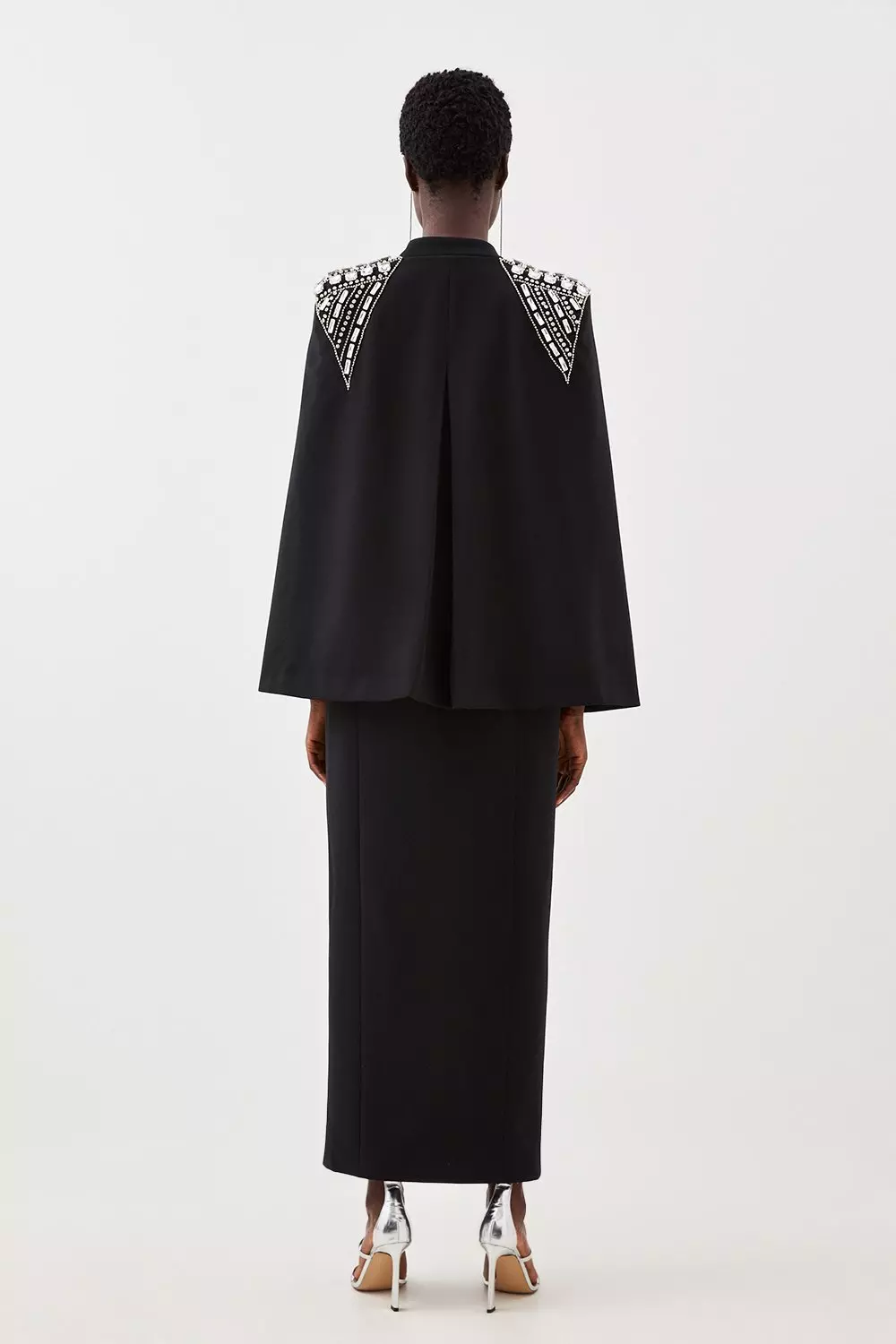 Embellished Caddy Plunge Cape Sleeve Woven Midi Dress