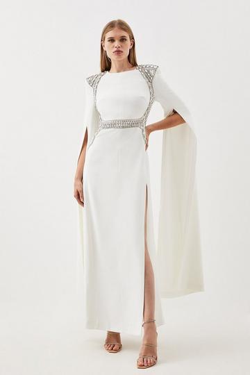 Embellished Caddy Cape Sleeve Woven Maxi Dress ivory