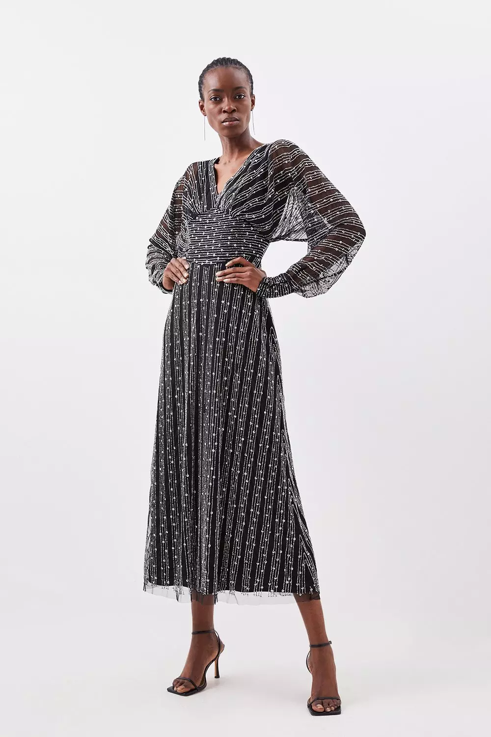 Karen Millen Womens Stripe Embellished Plunge Batwing Maxi Dress Black Size 4