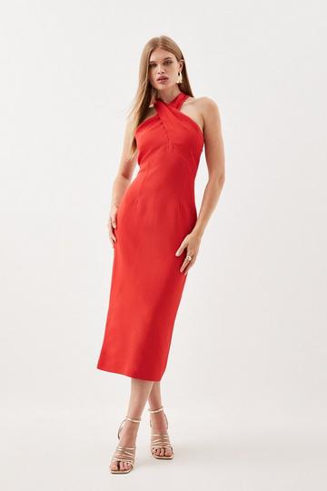Tailored Italian Structured Rib Cross Neck Midi Dress red