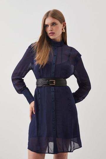 Military Belted Sheer Woven Shirt navy